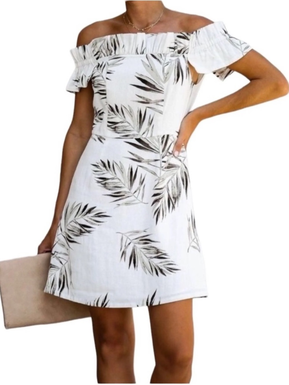 Vici Natural Fiber Palm Leaf Off Shoulder Mini Dress